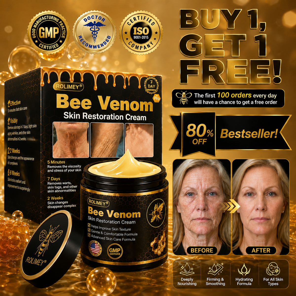 🐝Official Brand Black & Gold Upgraded Edition丨Rolimey® Bee venom Pro Comprehensive Cream —Tightening for Skin Types