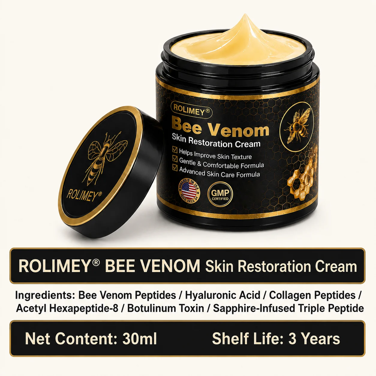 🐝Official Brand Black & Gold Upgraded Edition丨Rolimey® Bee venom Pro Comprehensive Cream —Tightening for Skin Types
