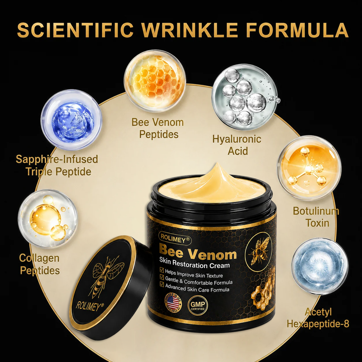 🐝Official Brand Black & Gold Upgraded Edition丨Rolimey® Bee venom Pro Comprehensive Cream —Tightening for Skin Types