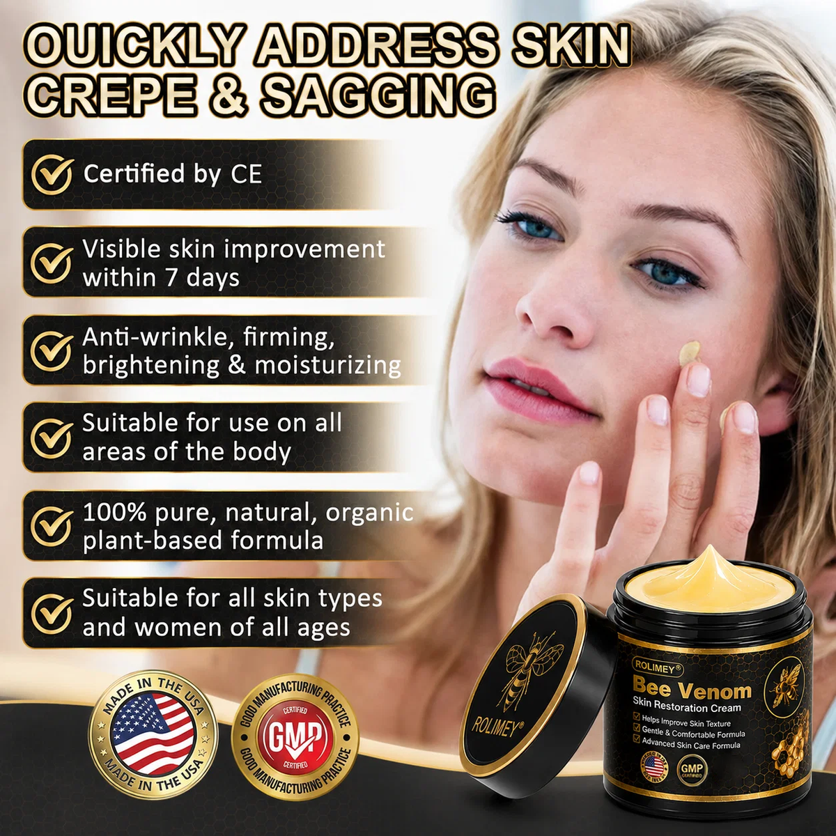 🐝Official Brand Black & Gold Upgraded Edition丨Rolimey® Bee venom Pro Comprehensive Cream —Tightening for Skin Types